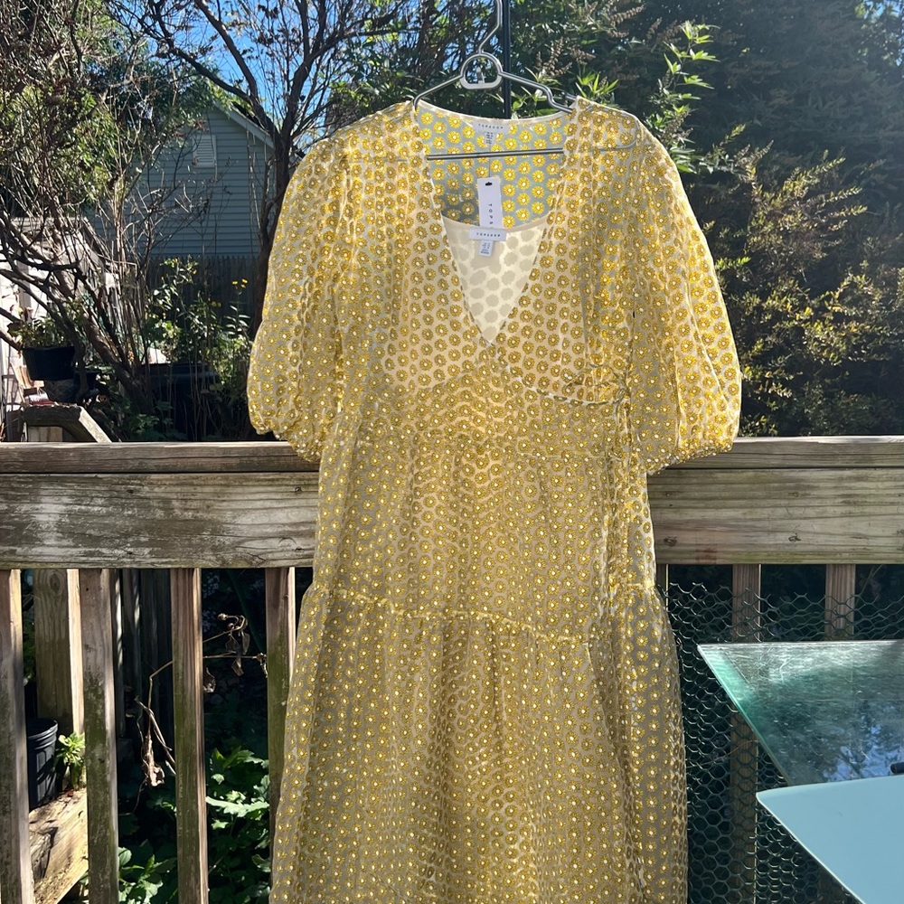 NWT Topshop 2Pc Dress Chiffon Wrap Daisy Over Slip Size 10 Puff 1/2 Sleeve Wrap